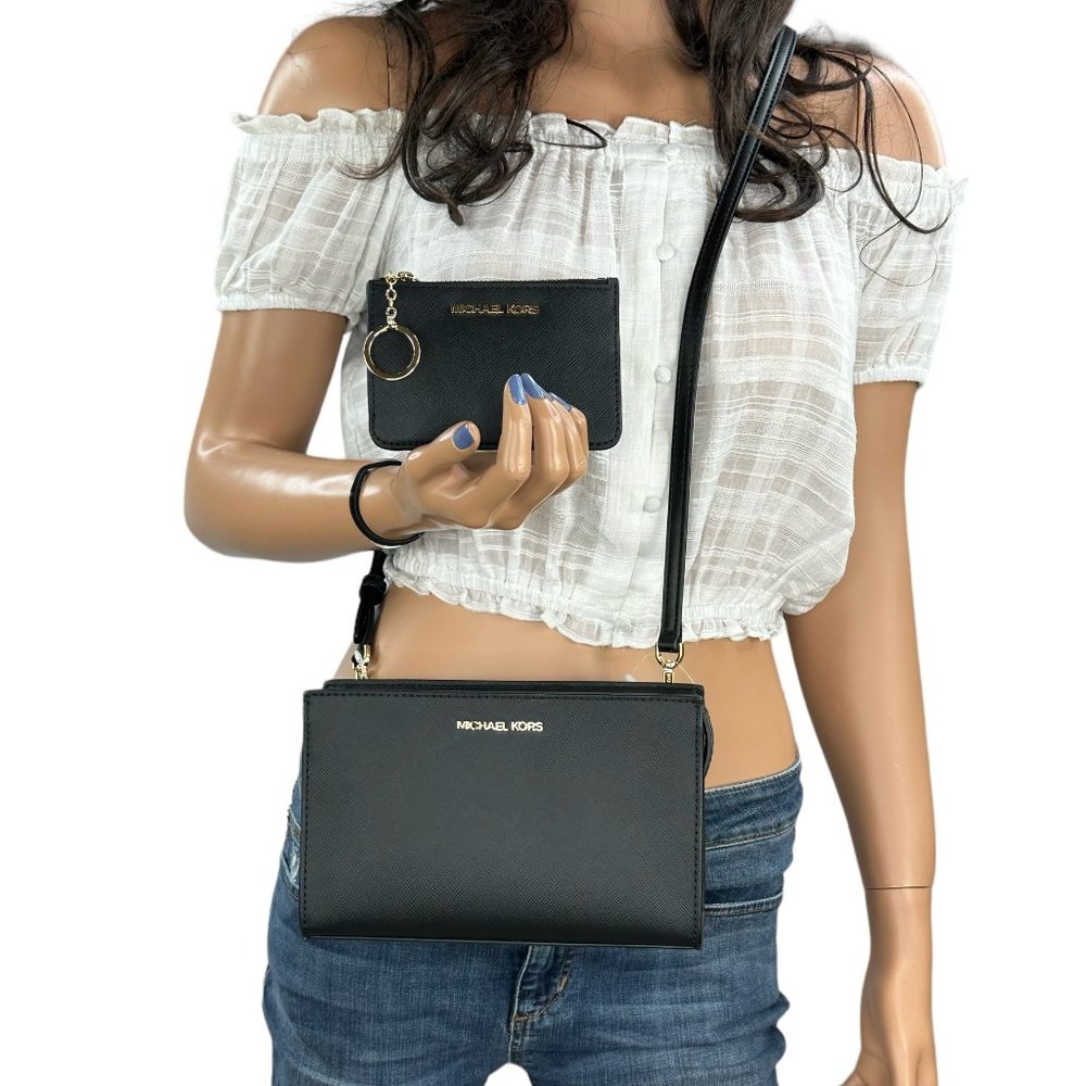 Michael Kors Sheila Small Shoulder Crossbody Bag +Coin Wallet Set Black